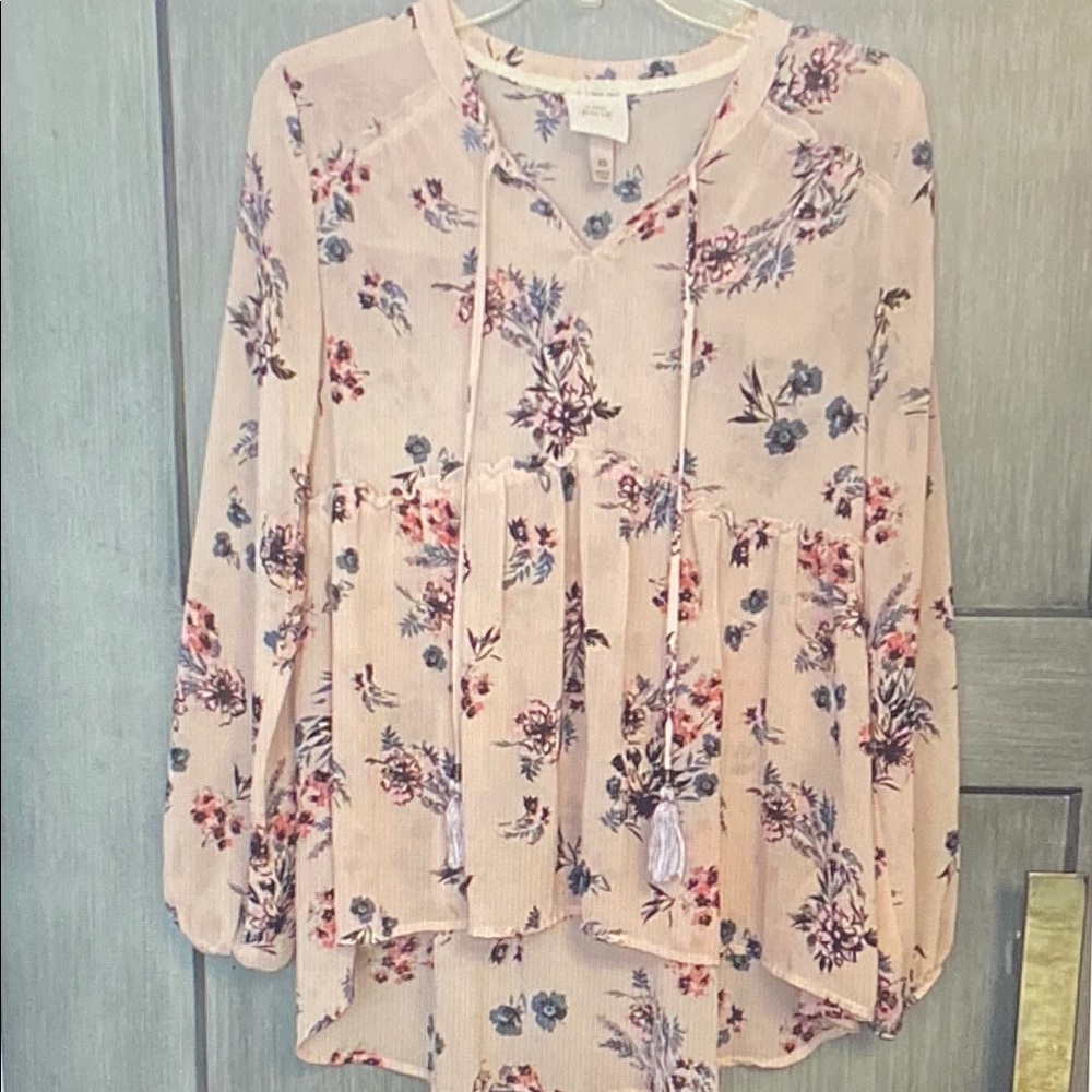 Knox Rose Blush Pink Floral Peasant Blouse with Tassel Tie